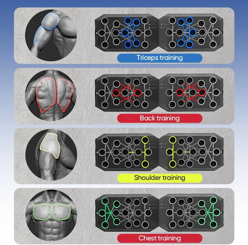 Train smarter with this Foldable Multifunctional Push‑Up Board. Color‑coded positions guide perfect form for chest, core, arms, and back workouts—anytime, anywhere.